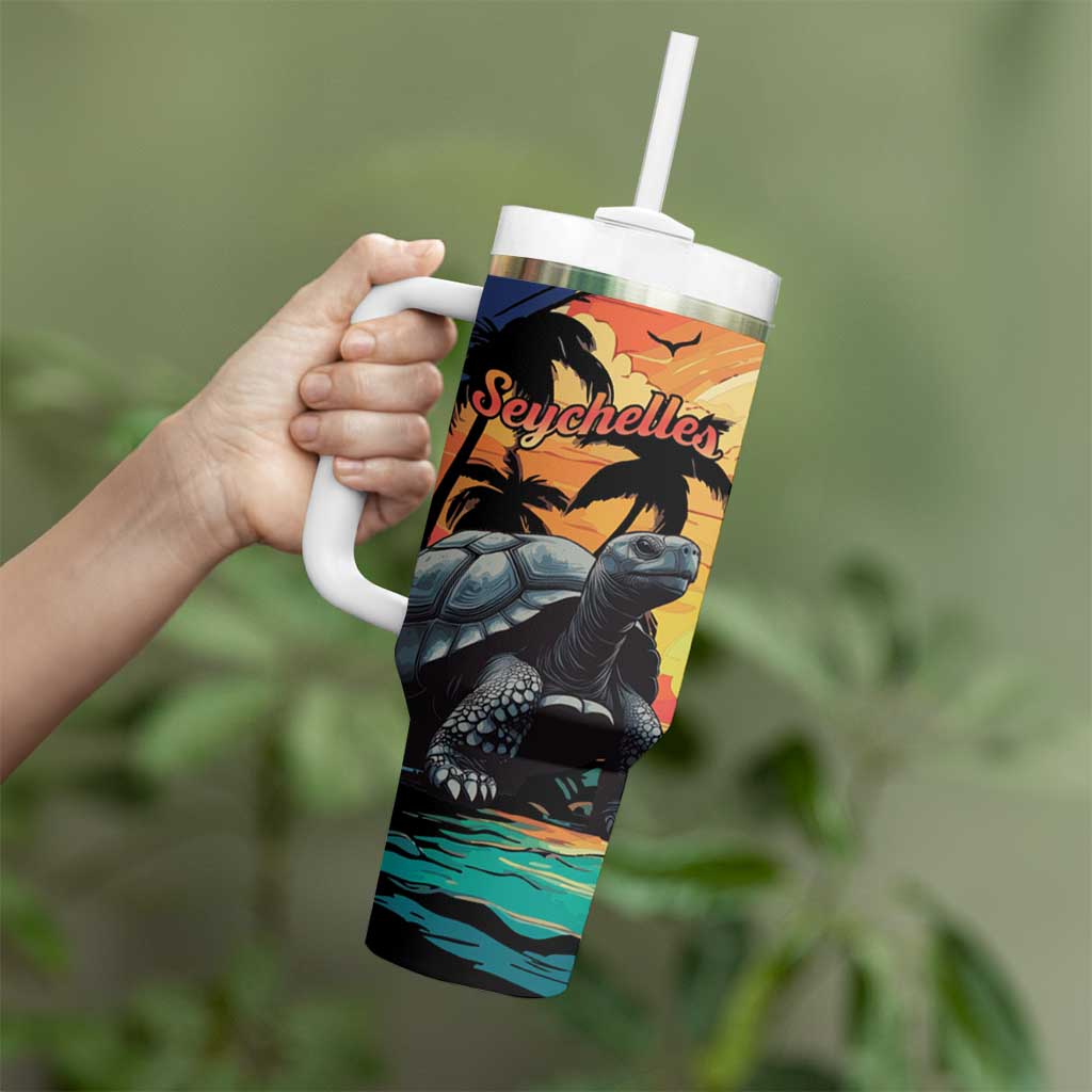 Personalised Seychelles Aldabra Giant Tortoise Tumbler With Handle Beach Sunset - Wonder Print Shop