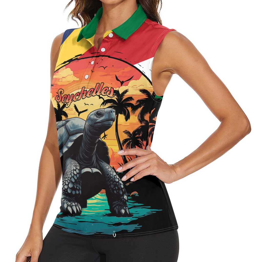 Personalised Seychelles Aldabra Giant Tortoise Women Sleeveless Polo Shirt Beach Sunset - Wonder Print Shop