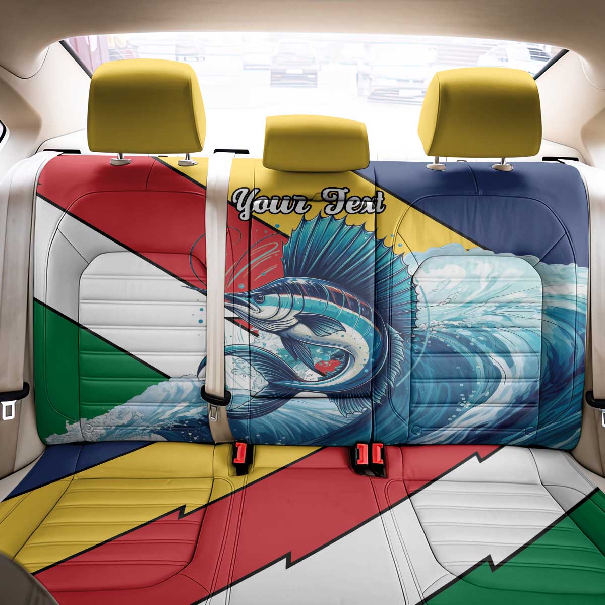 Personalised Seychelles Sailfish Back Car Seat Cover With Coat Of Arms - Wonder Print Shop