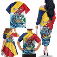 Personalised Seychelles Sailfish Family Matching Off The Shoulder Long Sleeve Dress and Hawaiian Shirt With Coat Of Arms - Wonder Print Shop