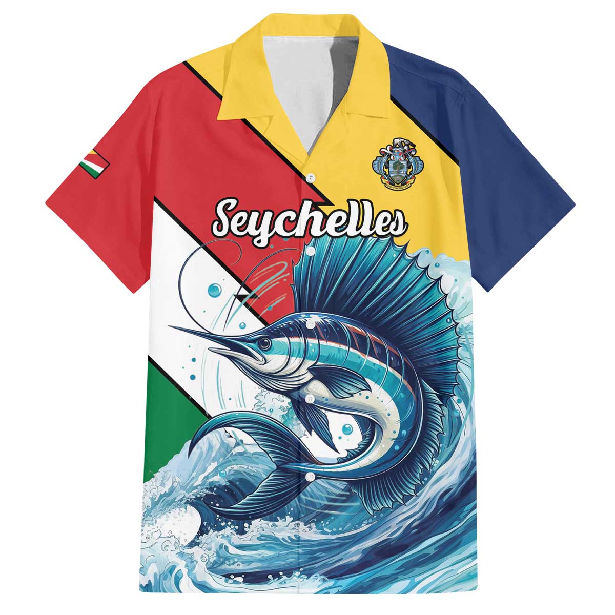 Personalised Seychelles Sailfish Family Matching Off The Shoulder Long Sleeve Dress and Hawaiian Shirt With Coat Of Arms - Wonder Print Shop