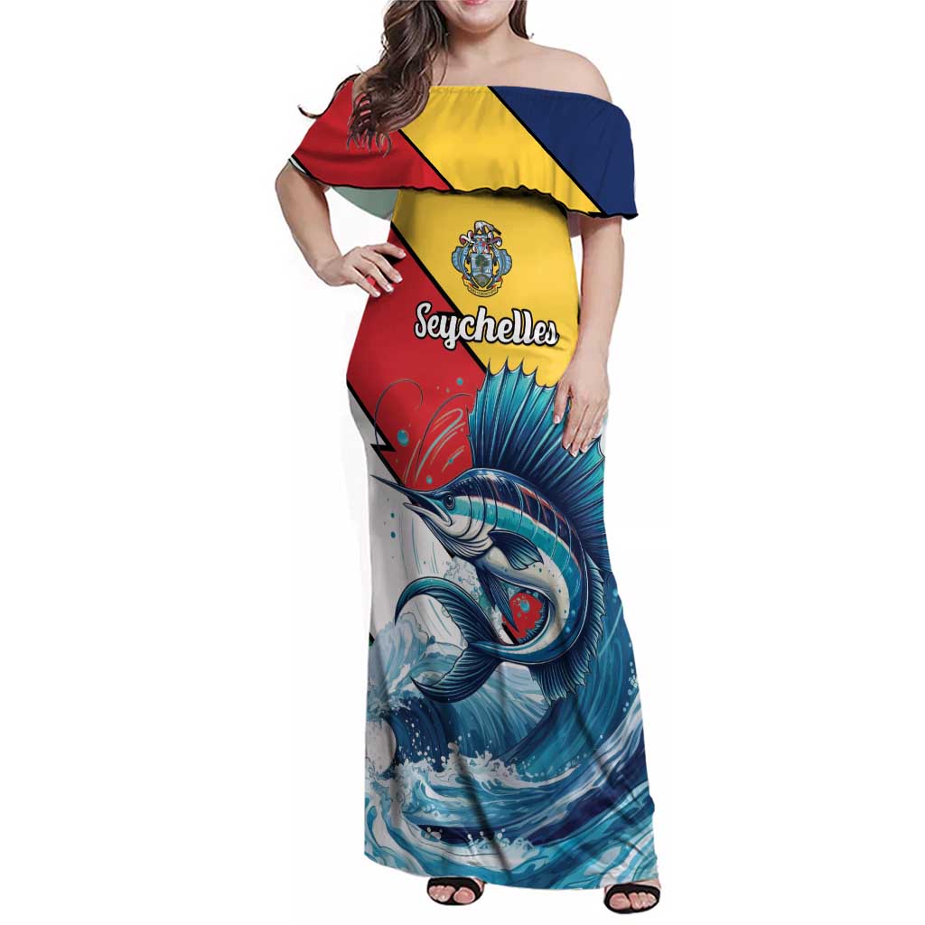 Personalised Seychelles Sailfish Family Matching Off Shoulder Maxi Dress and Hawaiian Shirt With Coat Of Arms - Wonder Print Shop