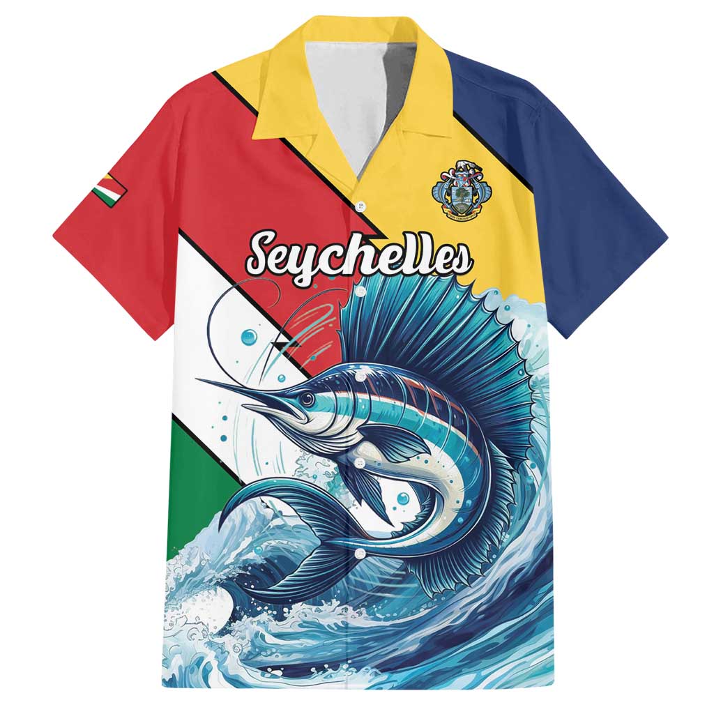 Personalised Seychelles Sailfish Family Matching Off Shoulder Short Dress and Hawaiian Shirt With Coat Of Arms - Wonder Print Shop