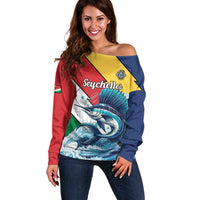 Personalised Seychelles Sailfish Off Shoulder Sweater With Coat Of Arms - Wonder Print Shop