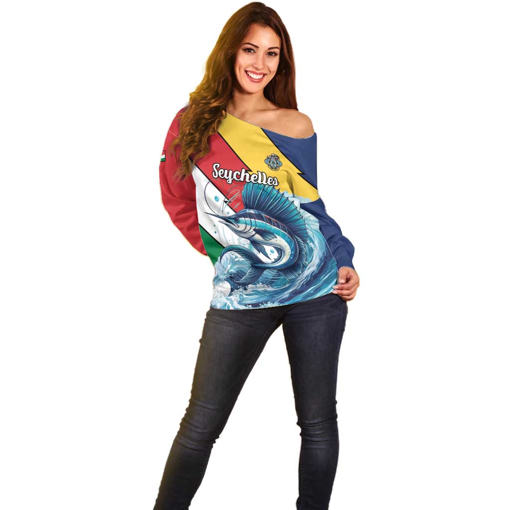 Personalised Seychelles Sailfish Off Shoulder Sweater With Coat Of Arms - Wonder Print Shop