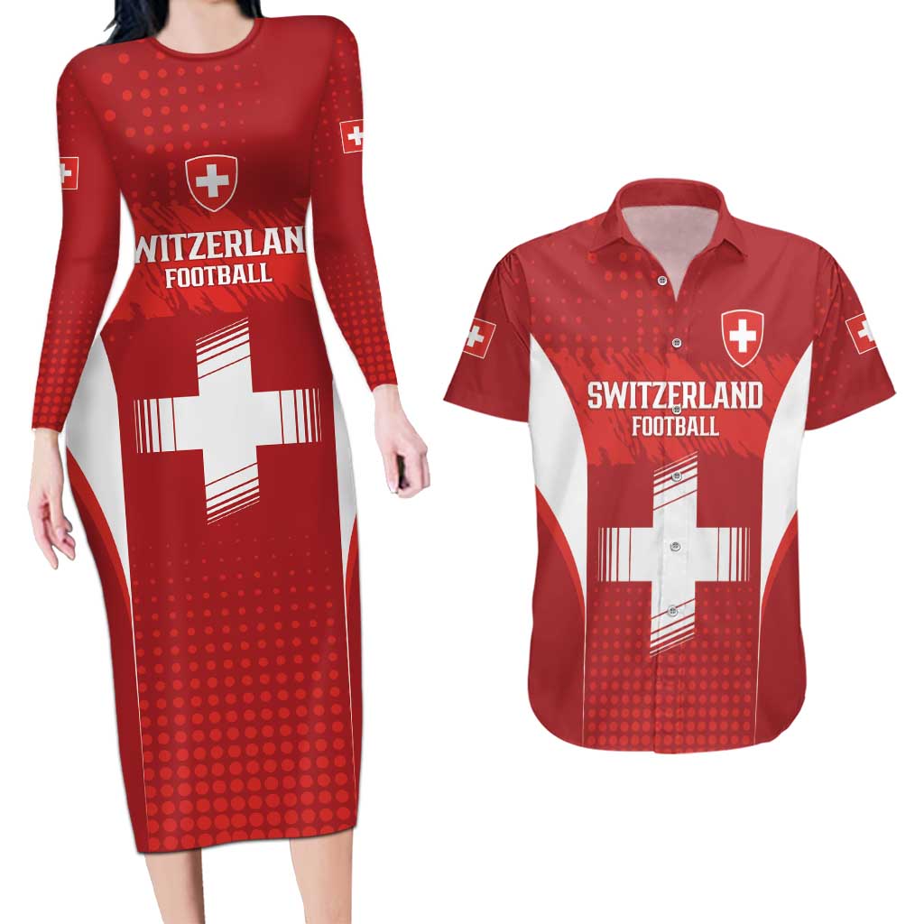 Custom Switzerland Football 2026 Couples Matching Long Sleeve Bodycon Dress and Hawaiian Shirt Hopp Schwiiz - Wonder Print Shop
