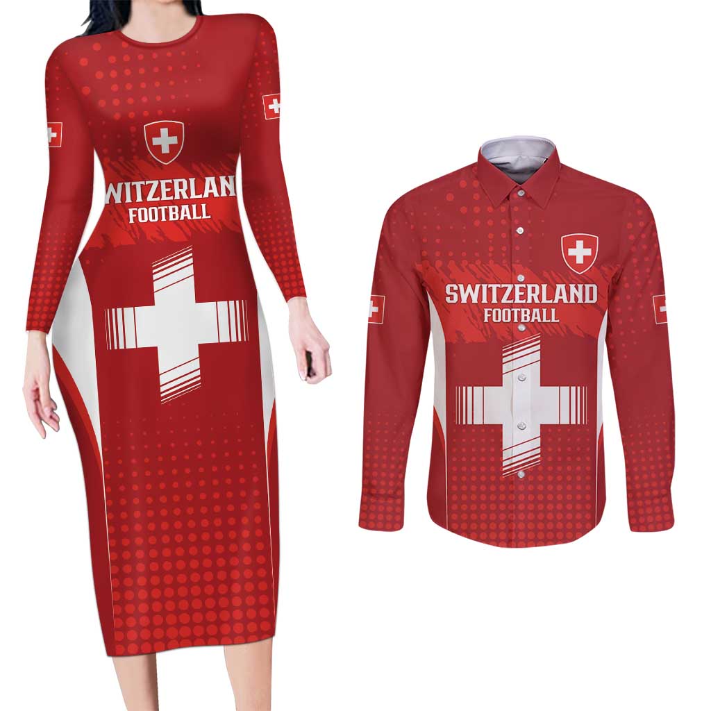 Custom Switzerland Football 2026 Couples Matching Long Sleeve Bodycon Dress and Long Sleeve Button Shirt Hopp Schwiiz - Wonder Print Shop