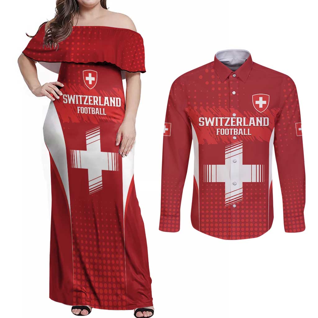 Custom Switzerland Football 2026 Couples Matching Off Shoulder Maxi Dress and Long Sleeve Button Shirt Hopp Schwiiz - Wonder Print Shop