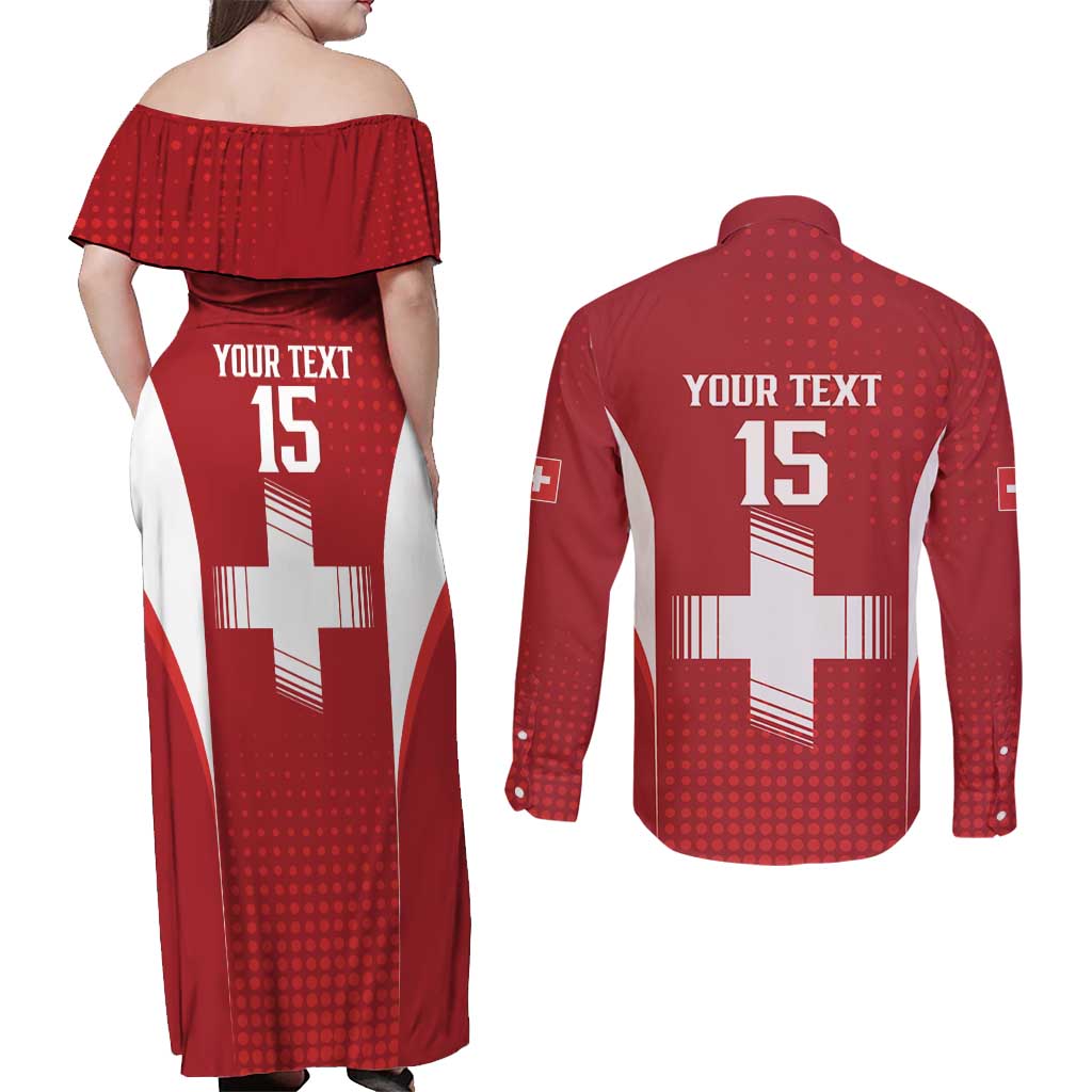 Custom Switzerland Football 2026 Couples Matching Off Shoulder Maxi Dress and Long Sleeve Button Shirt Hopp Schwiiz - Wonder Print Shop