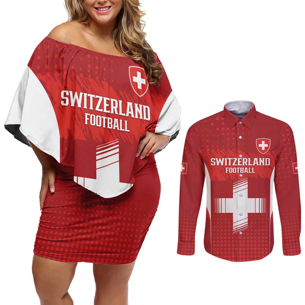 Custom Switzerland Football 2026 Couples Matching Off Shoulder Short Dress and Long Sleeve Button Shirt Hopp Schwiiz - Wonder Print Shop