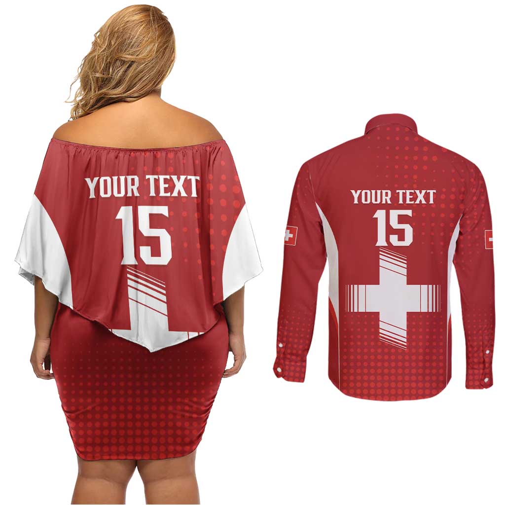 Custom Switzerland Football 2026 Couples Matching Off Shoulder Short Dress and Long Sleeve Button Shirt Hopp Schwiiz - Wonder Print Shop