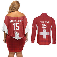 Custom Switzerland Football 2026 Couples Matching Off Shoulder Short Dress and Long Sleeve Button Shirt Hopp Schwiiz - Wonder Print Shop