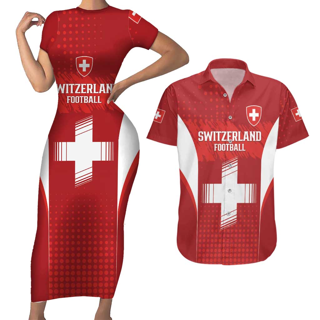 Custom Switzerland Football 2026 Couples Matching Short Sleeve Bodycon Dress and Hawaiian Shirt Hopp Schwiiz - Wonder Print Shop