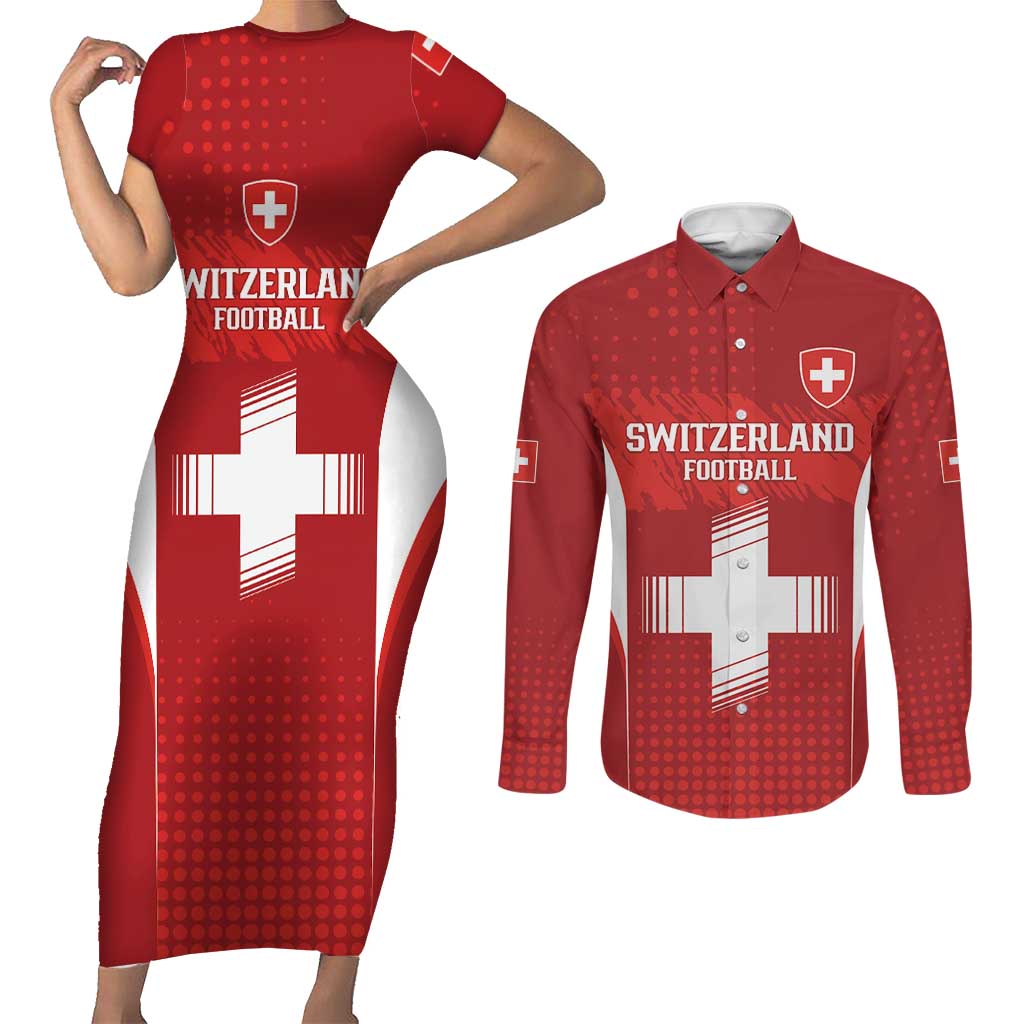 Custom Switzerland Football 2026 Couples Matching Short Sleeve Bodycon Dress and Long Sleeve Button Shirt Hopp Schwiiz - Wonder Print Shop
