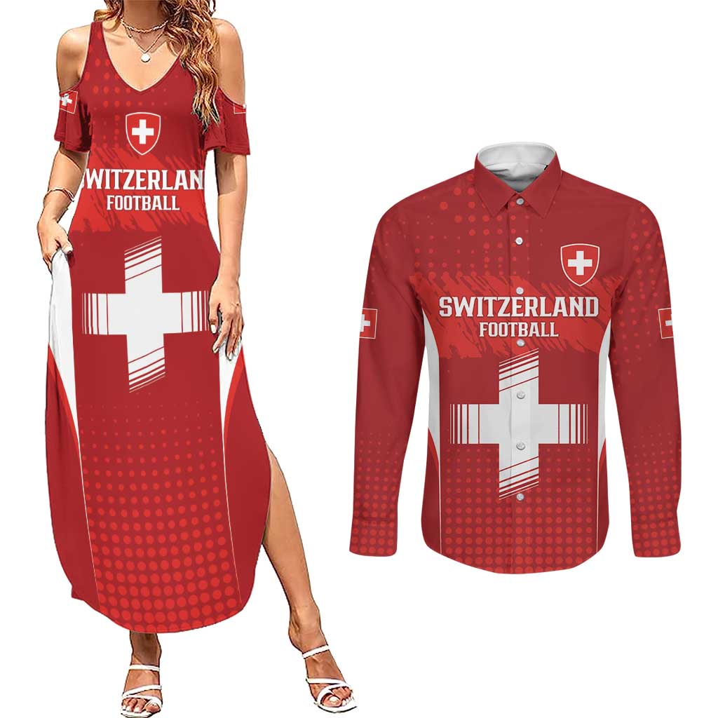 Custom Switzerland Football 2026 Couples Matching Summer Maxi Dress and Long Sleeve Button Shirt Hopp Schwiiz - Wonder Print Shop