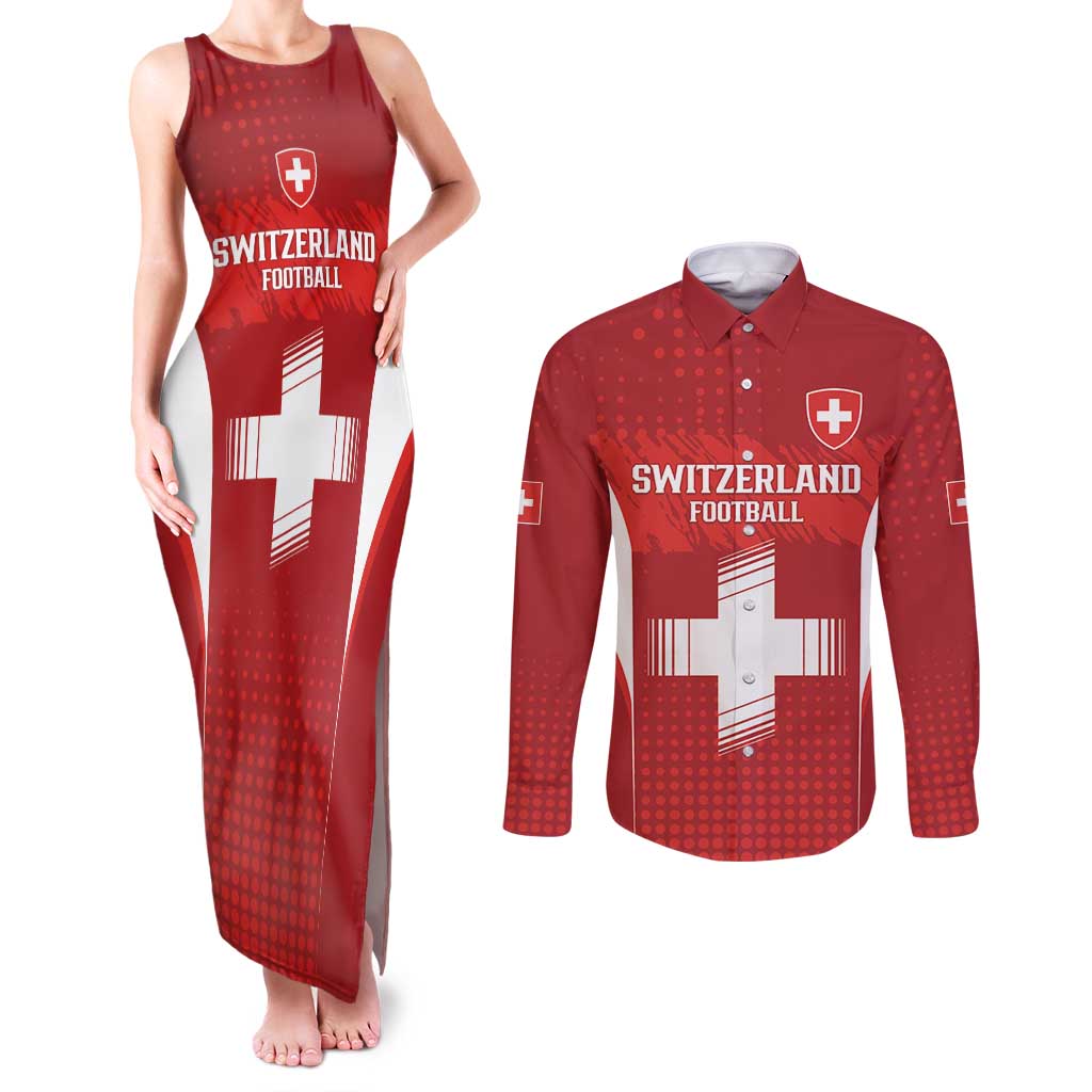 Custom Switzerland Football 2026 Couples Matching Tank Maxi Dress and Long Sleeve Button Shirt Hopp Schwiiz - Wonder Print Shop