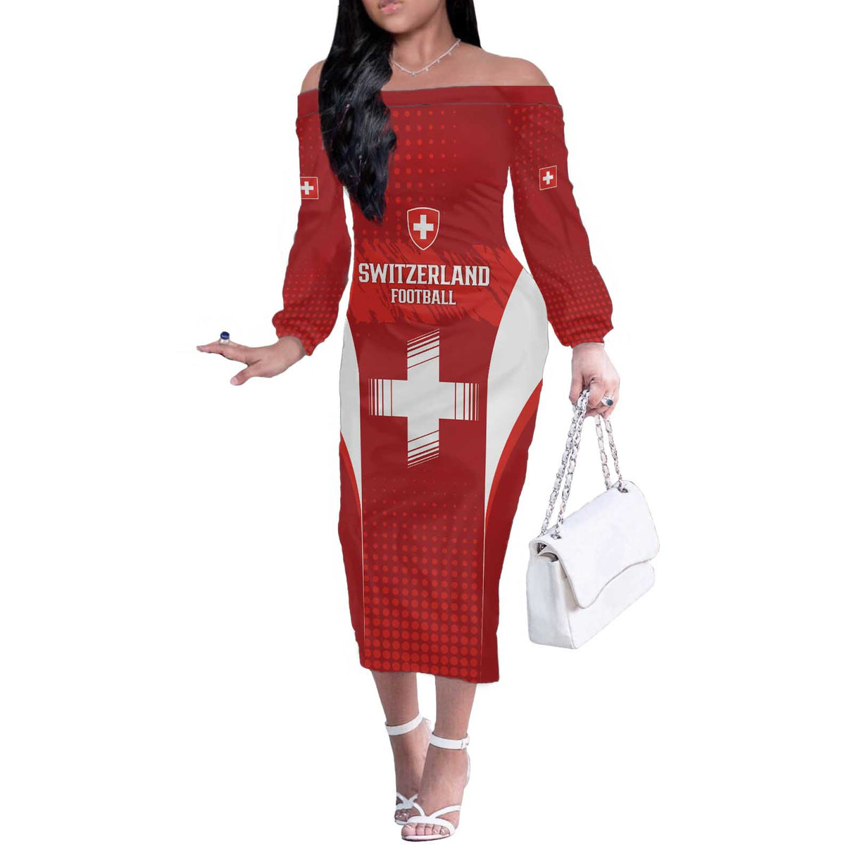 Custom Switzerland Football 2026 Off The Shoulder Long Sleeve Dress Hopp Schwiiz - Wonder Print Shop