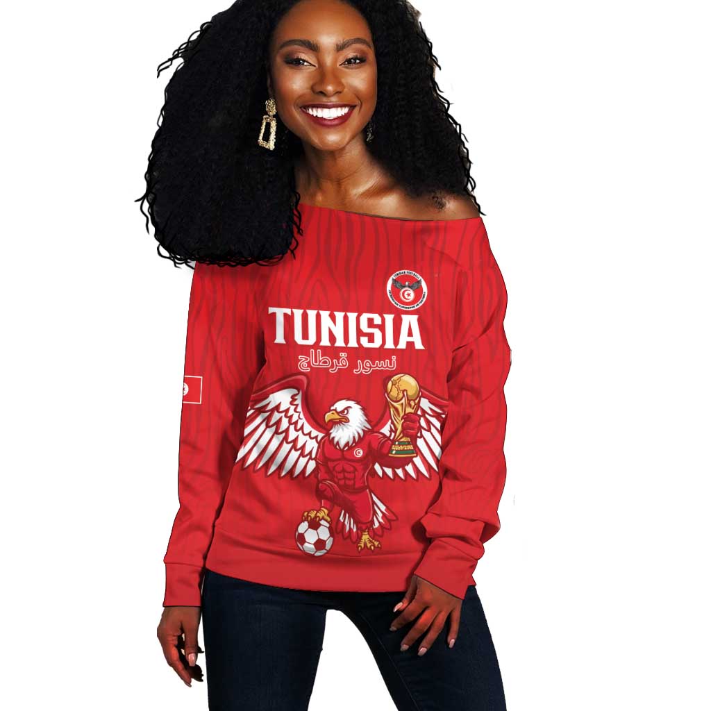 Custom Tunisia Football Off Shoulder Sweater Eagles of Carthage Rise - Wonder Print Shop