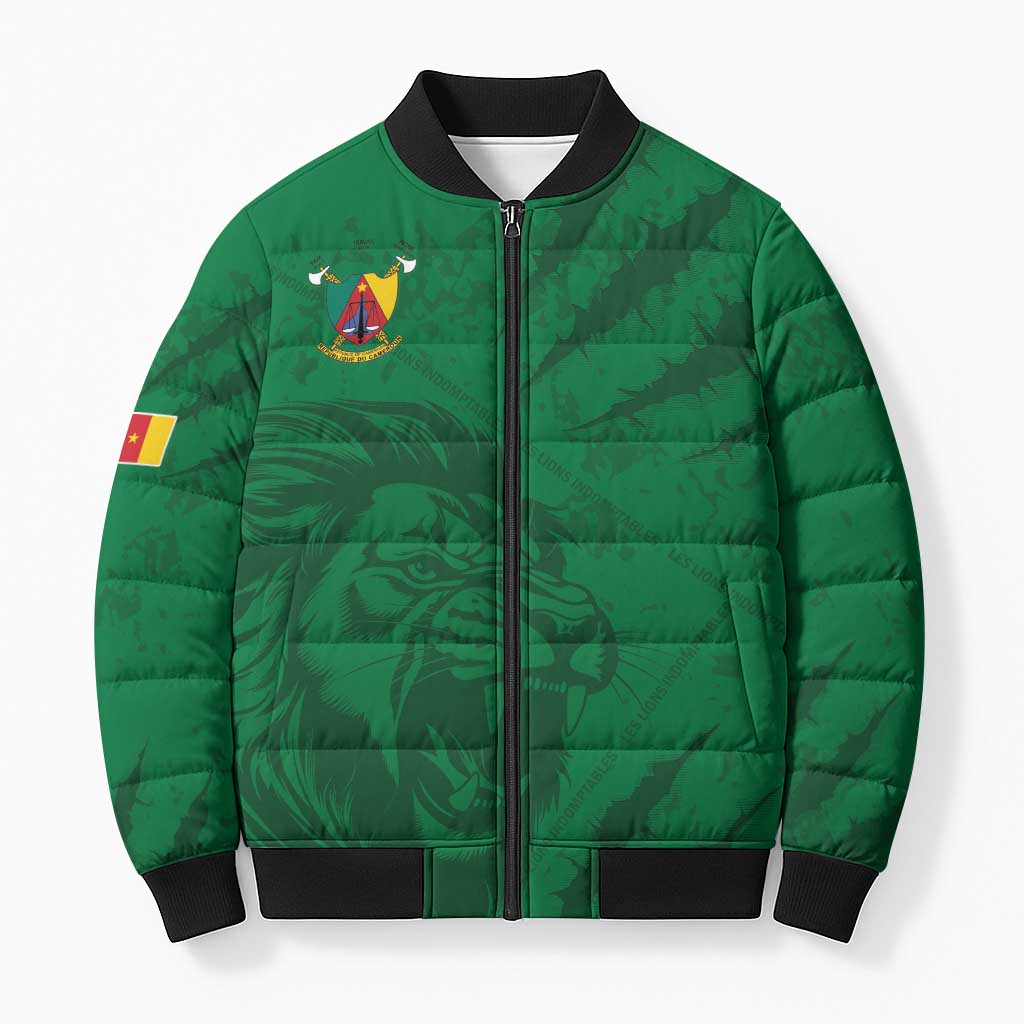 Custom Cameroon Football Bomber Puffer Jacket Go Les Lions Indomptables Go - Wonder Print Shop