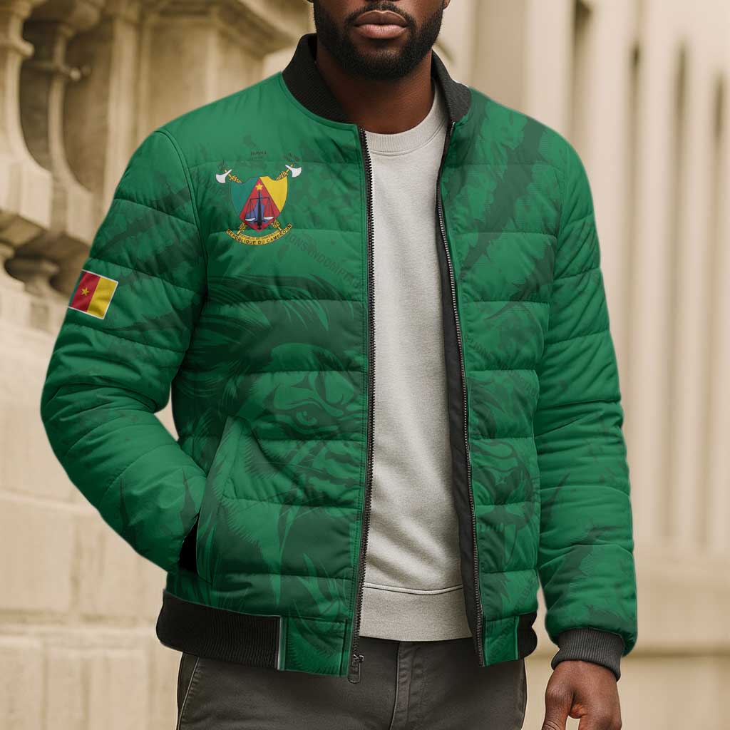 Custom Cameroon Football Bomber Puffer Jacket Go Les Lions Indomptables Go - Wonder Print Shop
