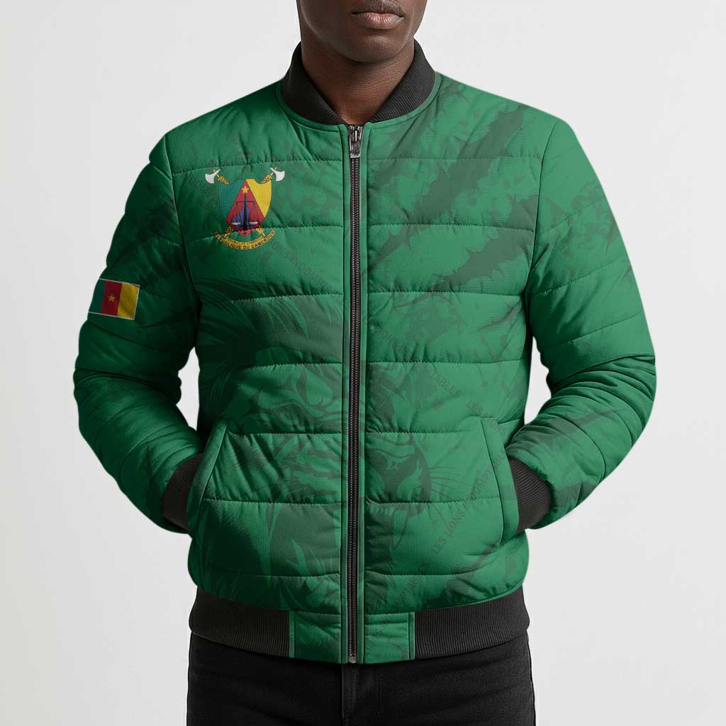 Custom Cameroon Football Bomber Puffer Jacket Go Les Lions Indomptables Go - Wonder Print Shop