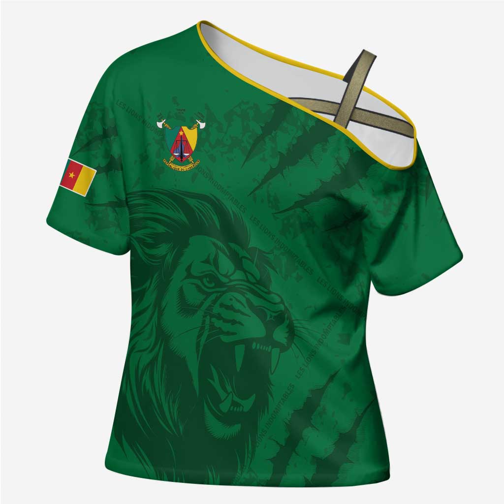 Custom Cameroon Football Cross Shoulder Shirt Go Les Lions Indomptables Go - Wonder Print Shop