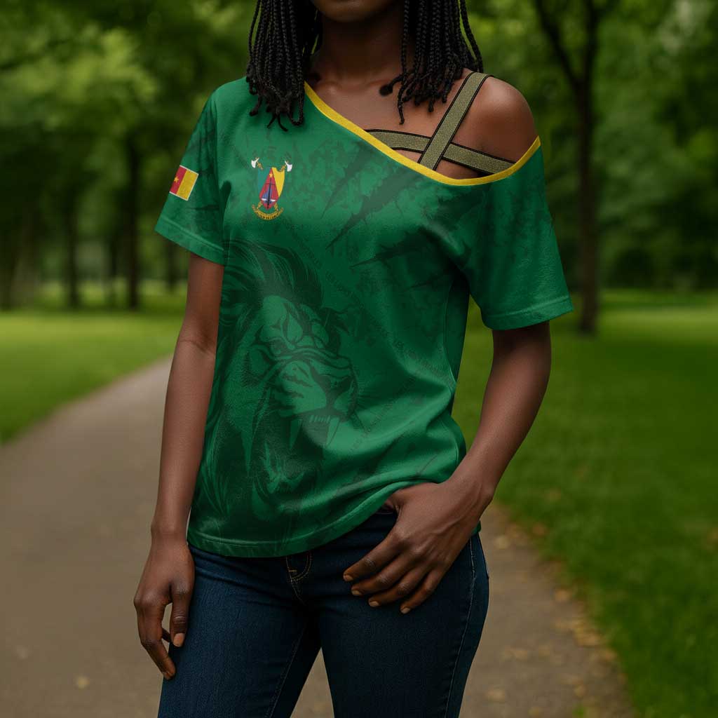 Custom Cameroon Football Cross Shoulder Shirt Go Les Lions Indomptables Go - Wonder Print Shop