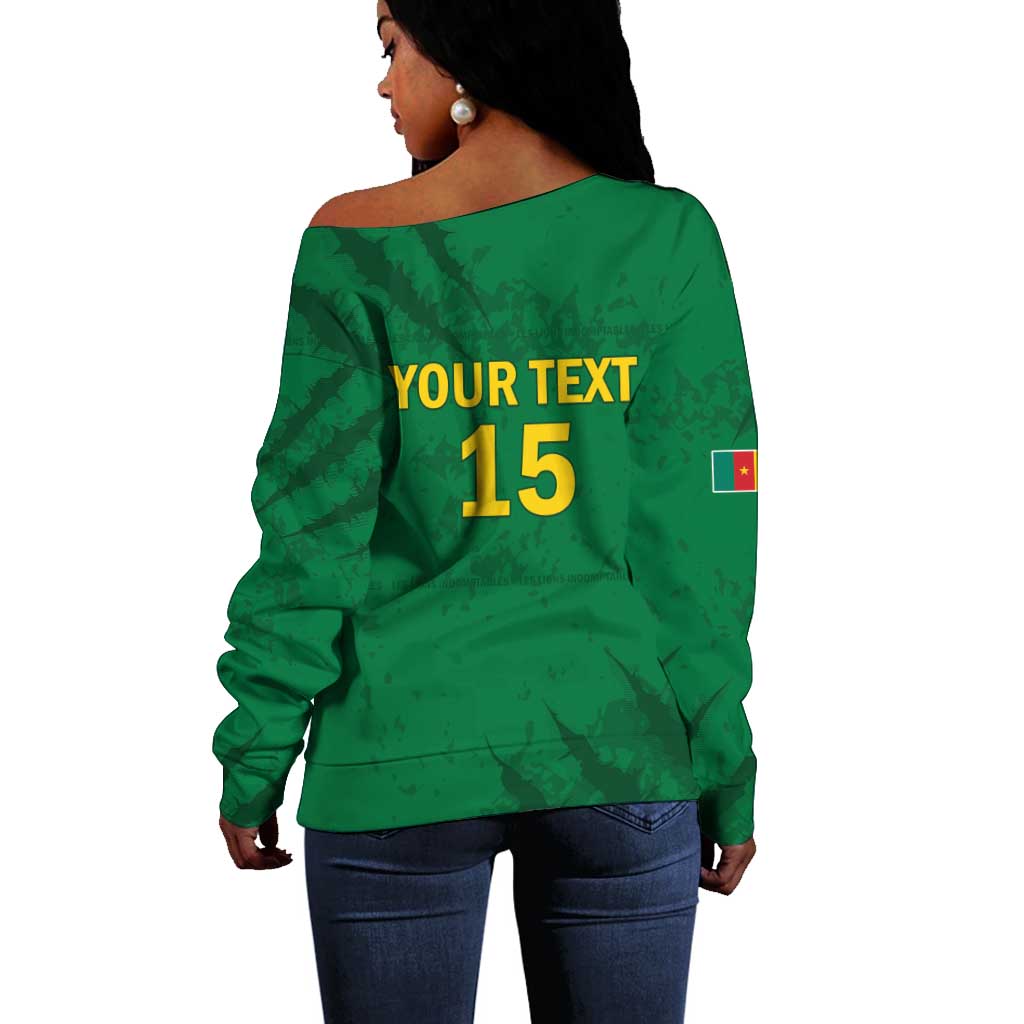 Custom Cameroon Football Off Shoulder Sweater Go Les Lions Indomptables Go - Wonder Print Shop