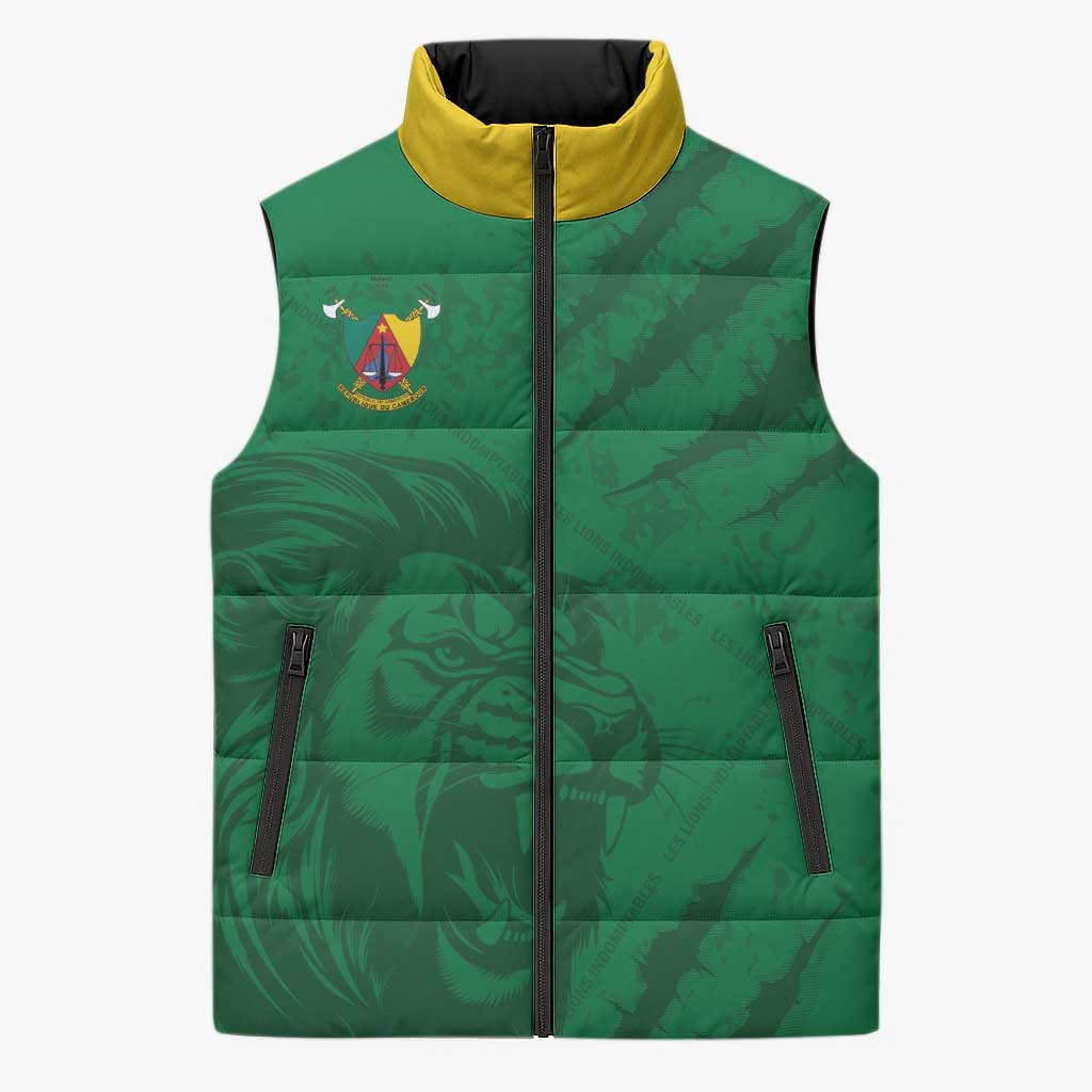 Custom Cameroon Football Sleeveless Puffer Jacket Go Les Lions Indomptables Go - Wonder Print Shop