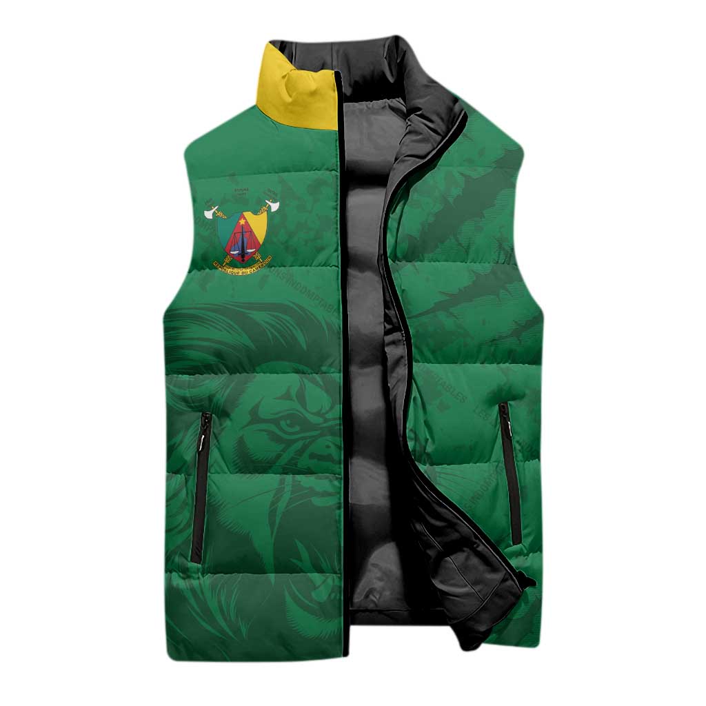 Custom Cameroon Football Sleeveless Puffer Jacket Go Les Lions Indomptables Go - Wonder Print Shop