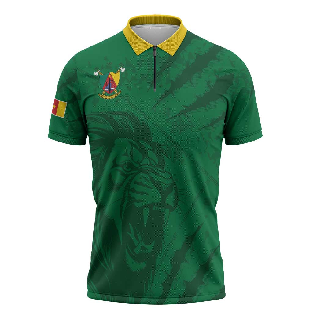 Custom Cameroon Football Zipper Polo Shirt Go Les Lions Indomptables Go - Wonder Print Shop