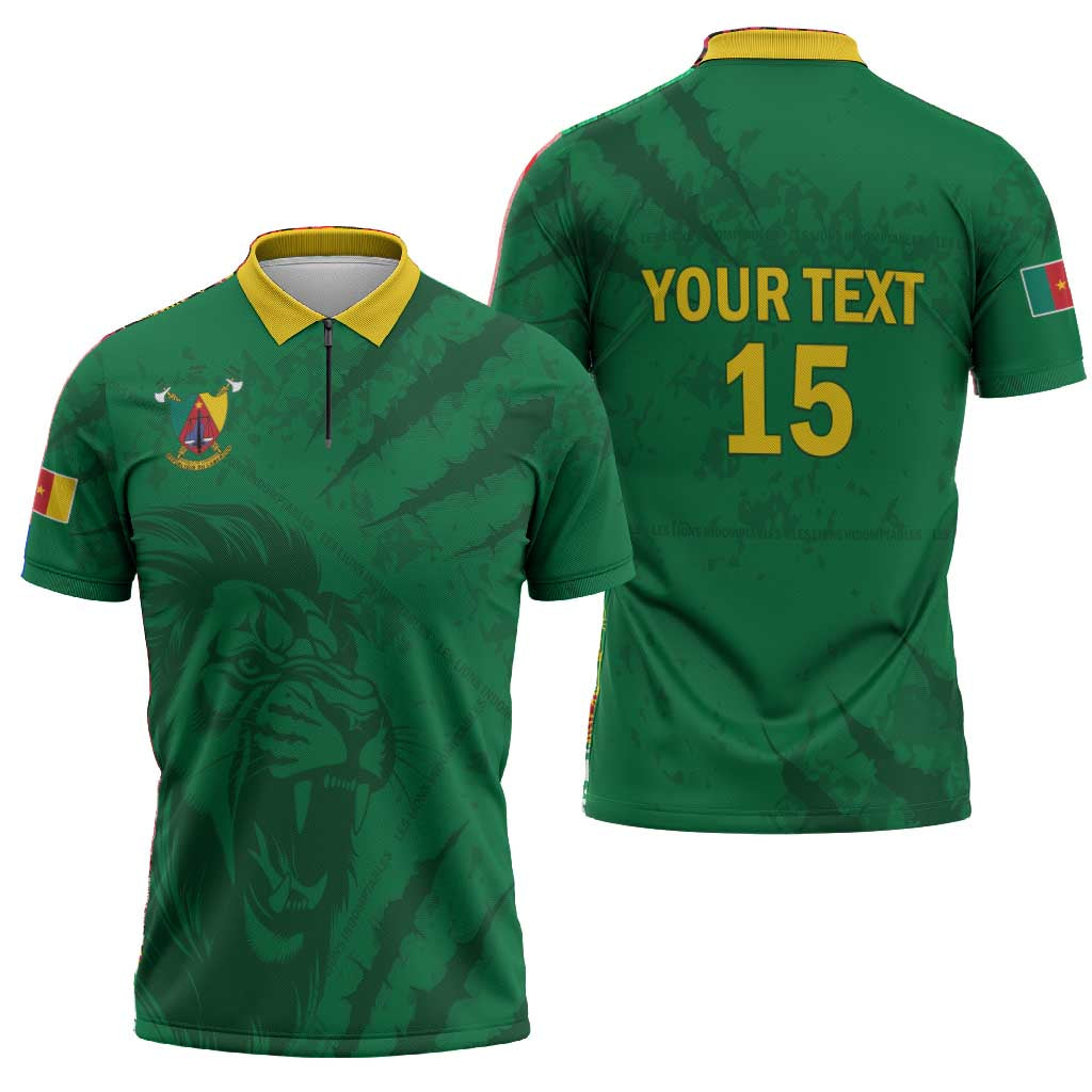 Custom Cameroon Football Zipper Polo Shirt Go Les Lions Indomptables Go - Wonder Print Shop