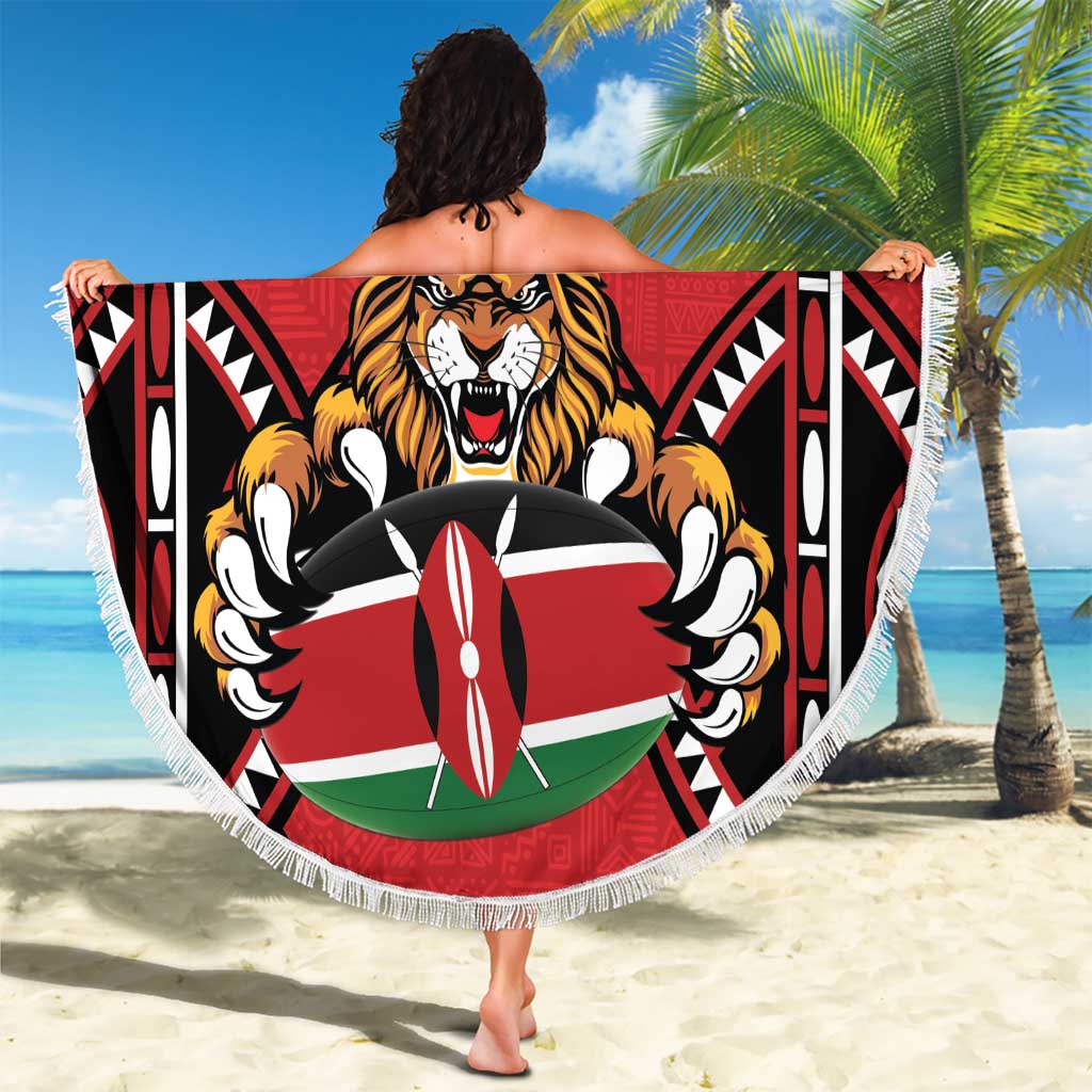 Custom Kenya Rugby Beach Blanket Lion Mascot African Pattern