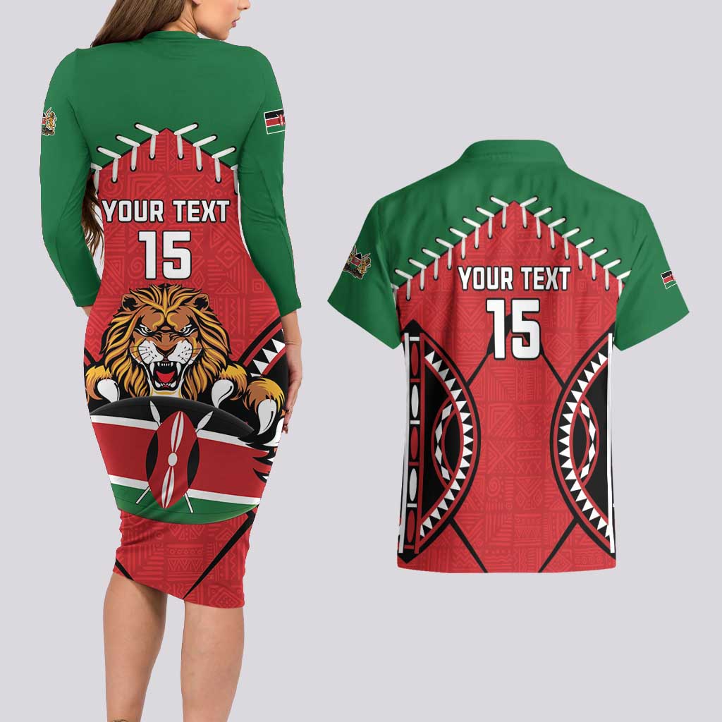 Custom Kenya Rugby Couples Matching Long Sleeve Bodycon Dress and Hawaiian Shirt Lion Mascot African Pattern