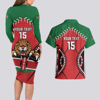 Custom Kenya Rugby Couples Matching Long Sleeve Bodycon Dress and Hawaiian Shirt Lion Mascot African Pattern