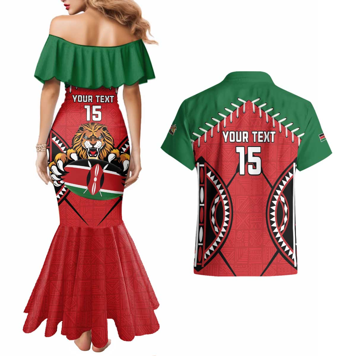 Custom Kenya Rugby Couples Matching Mermaid Dress and Hawaiian Shirt Lion Mascot African Pattern