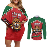 Custom Kenya Rugby Couples Matching Off Shoulder Short Dress and Long Sleeve Button Shirt Lion Mascot African Pattern