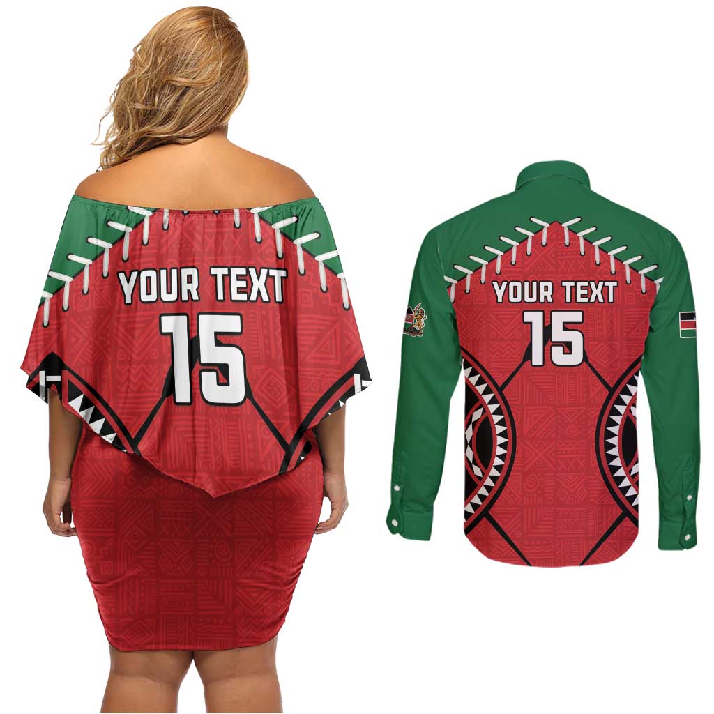 Custom Kenya Rugby Couples Matching Off Shoulder Short Dress and Long Sleeve Button Shirt Lion Mascot African Pattern