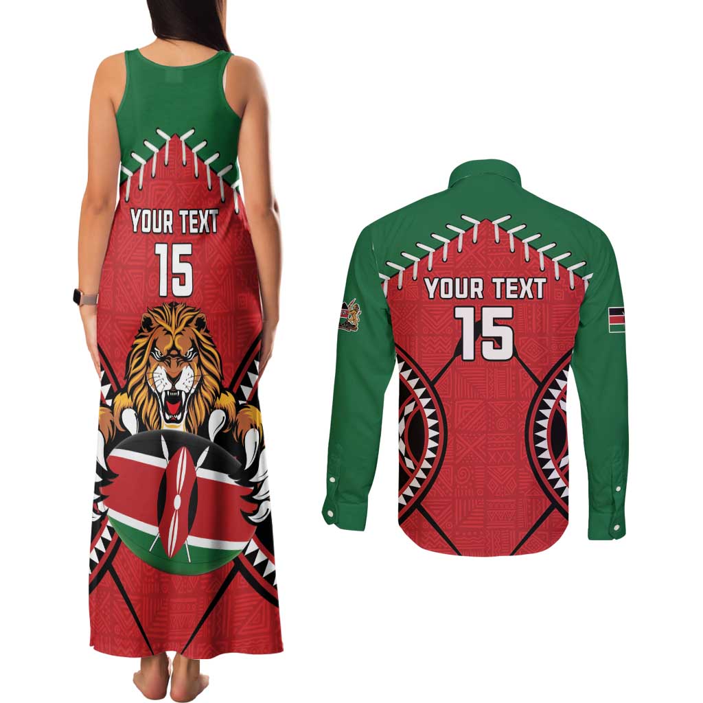 Custom Kenya Rugby Couples Matching Tank Maxi Dress and Long Sleeve Button Shirt Lion Mascot African Pattern