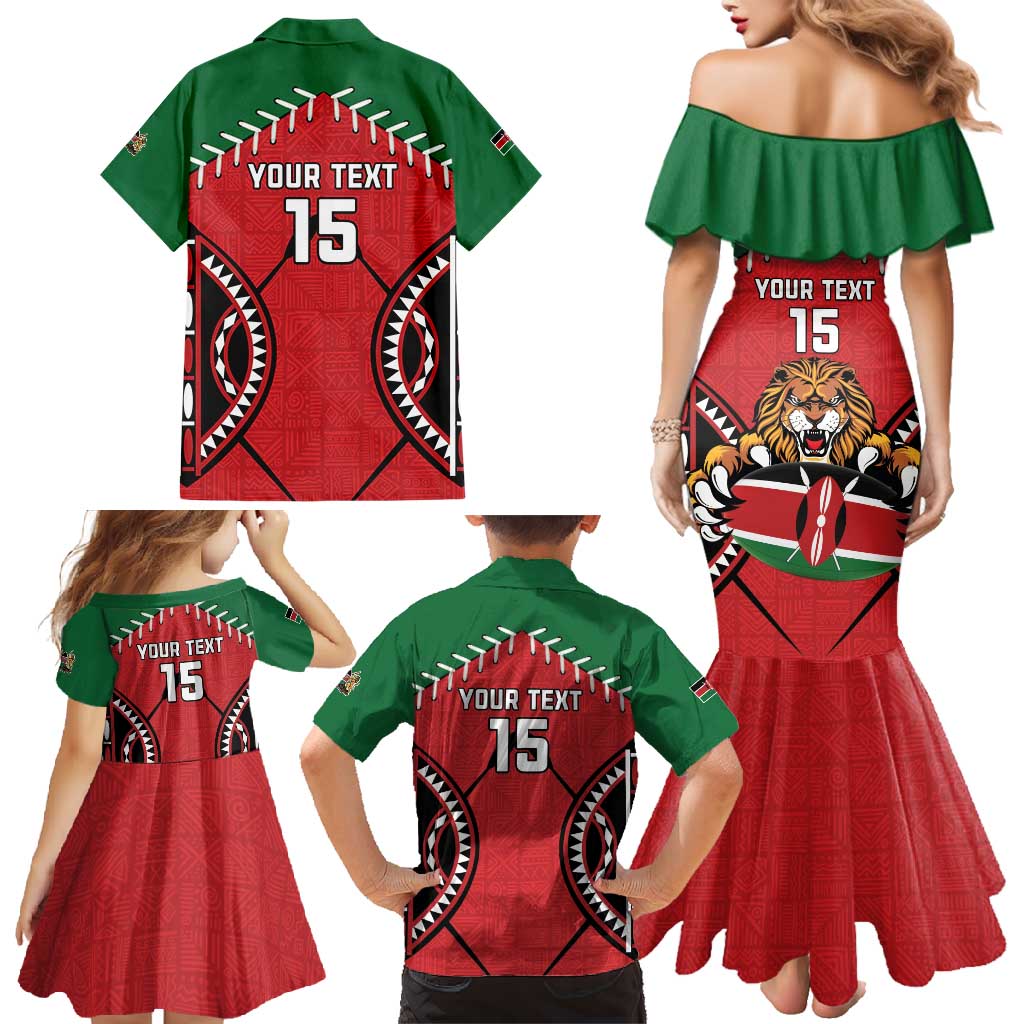 Custom Kenya Rugby Family Matching Mermaid Dress and Hawaiian Shirt Lion Mascot African Pattern