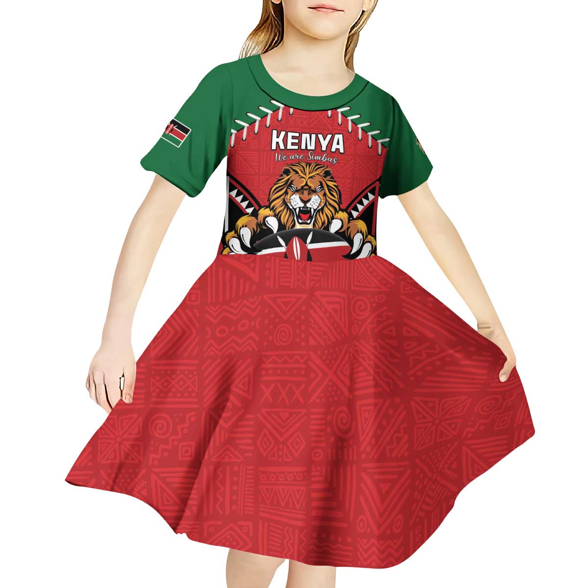 Custom Kenya Rugby Kid Short Sleeve Dress Lion Mascot African Pattern