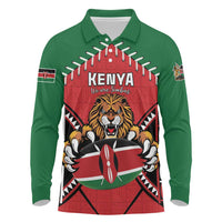 Custom Kenya Rugby Long Sleeve Polo Shirt Lion Mascot African Pattern