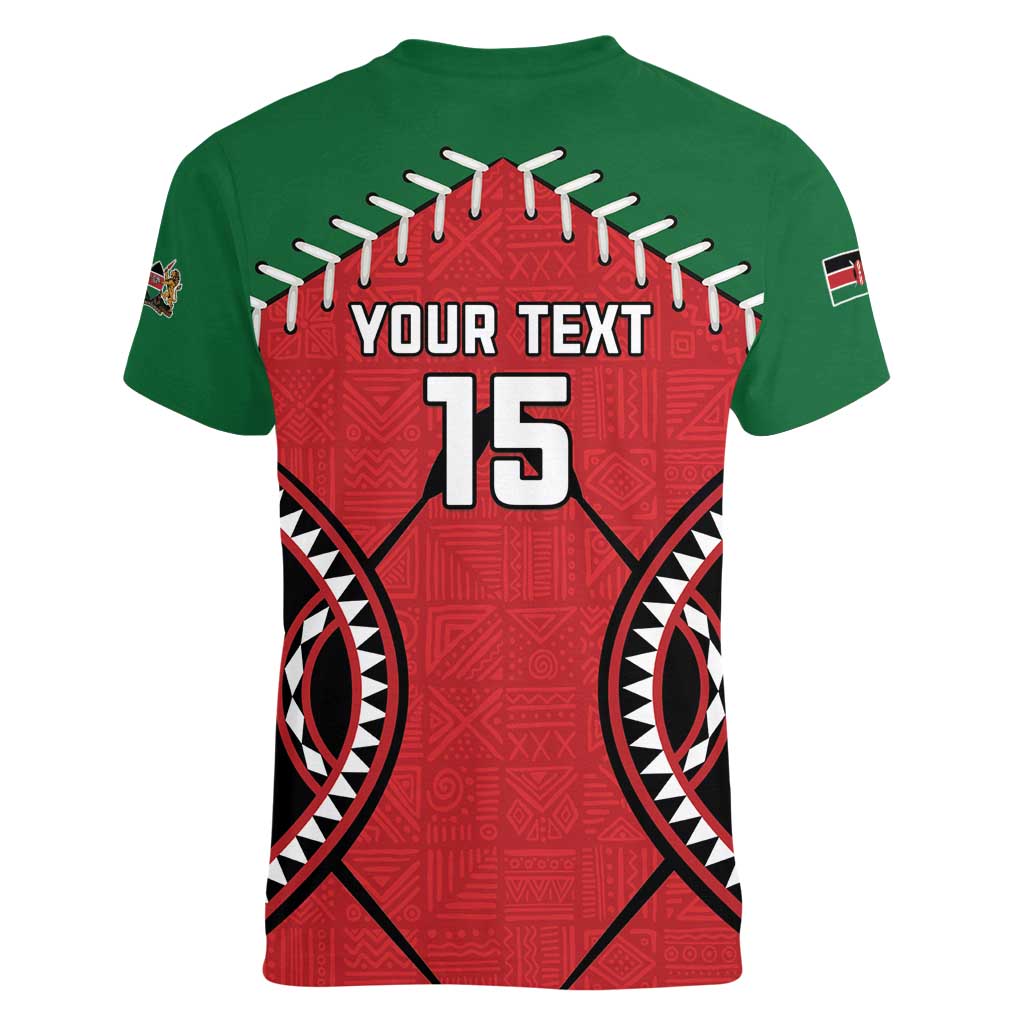Custom Kenya Rugby Women V-Neck T-Shirt Lion Mascot African Pattern