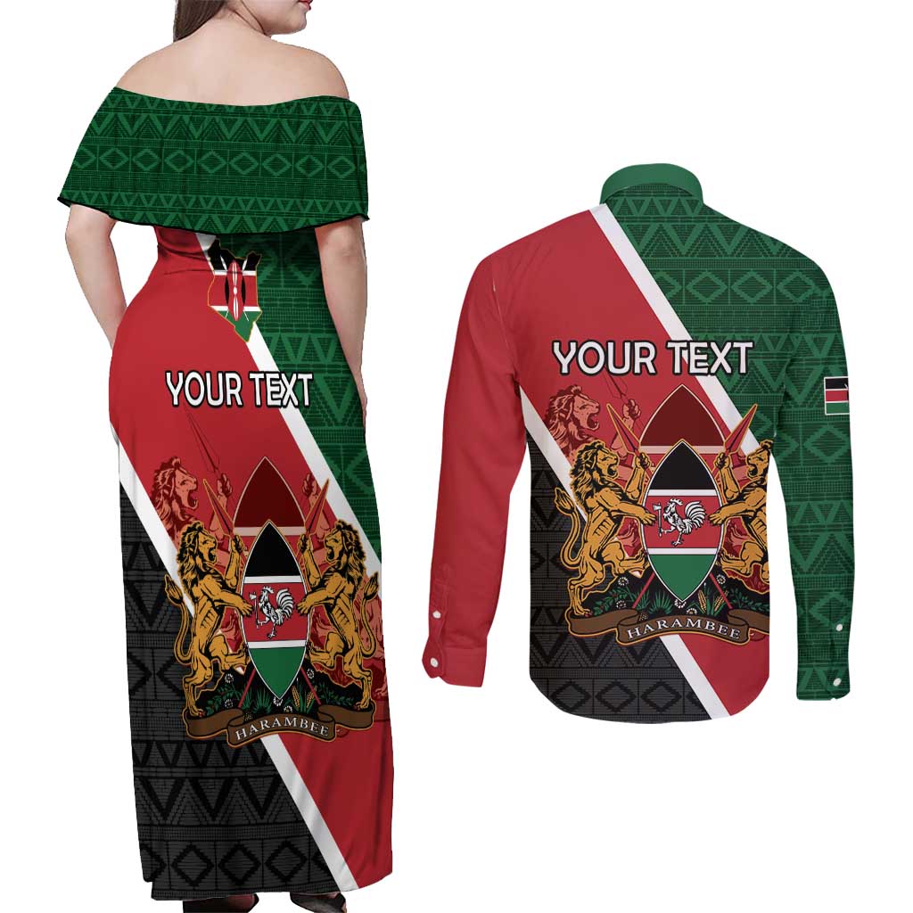 Personalised Kenya Couples Matching Off Shoulder Maxi Dress and Long Sleeve Button Shirt Coat Of Arms Mix Flag Style