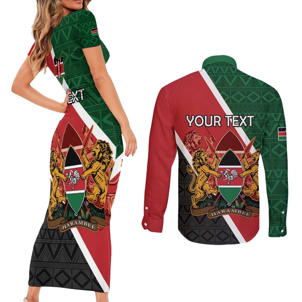 Personalised Kenya Couples Matching Short Sleeve Bodycon Dress and Long Sleeve Button Shirt Coat Of Arms Mix Flag Style