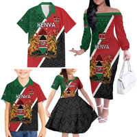 Personalised Kenya Family Matching Off The Shoulder Long Sleeve Dress and Hawaiian Shirt Coat Of Arms Mix Flag Style