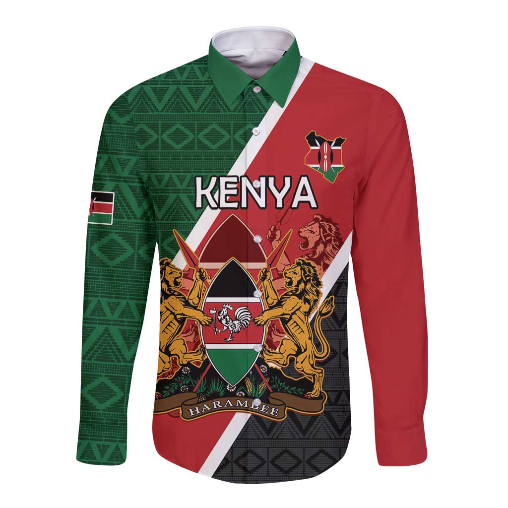 Personalised Kenya Long Sleeve Button Shirt Coat Of Arms Mix Flag Style
