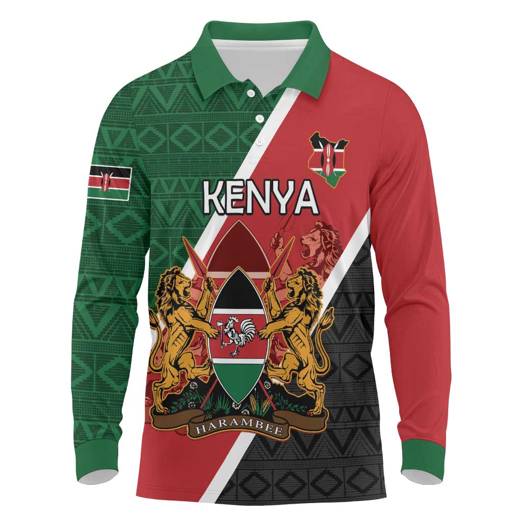 Personalised Kenya Long Sleeve Polo Shirt Coat Of Arms Mix Flag Style