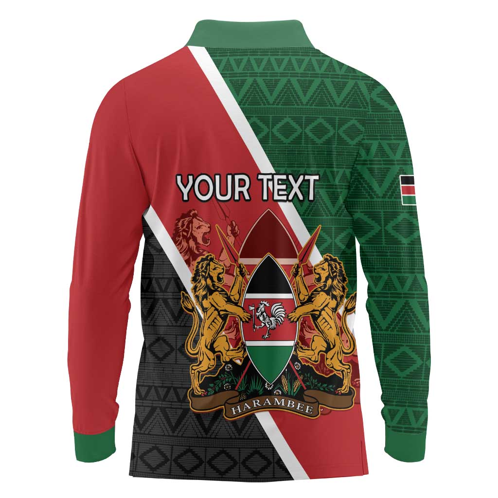 Personalised Kenya Long Sleeve Polo Shirt Coat Of Arms Mix Flag Style