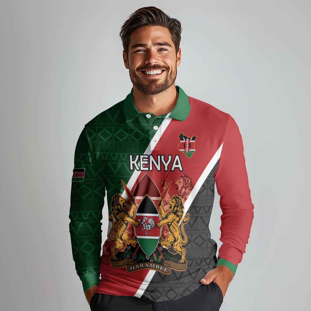 Personalised Kenya Long Sleeve Polo Shirt Coat Of Arms Mix Flag Style